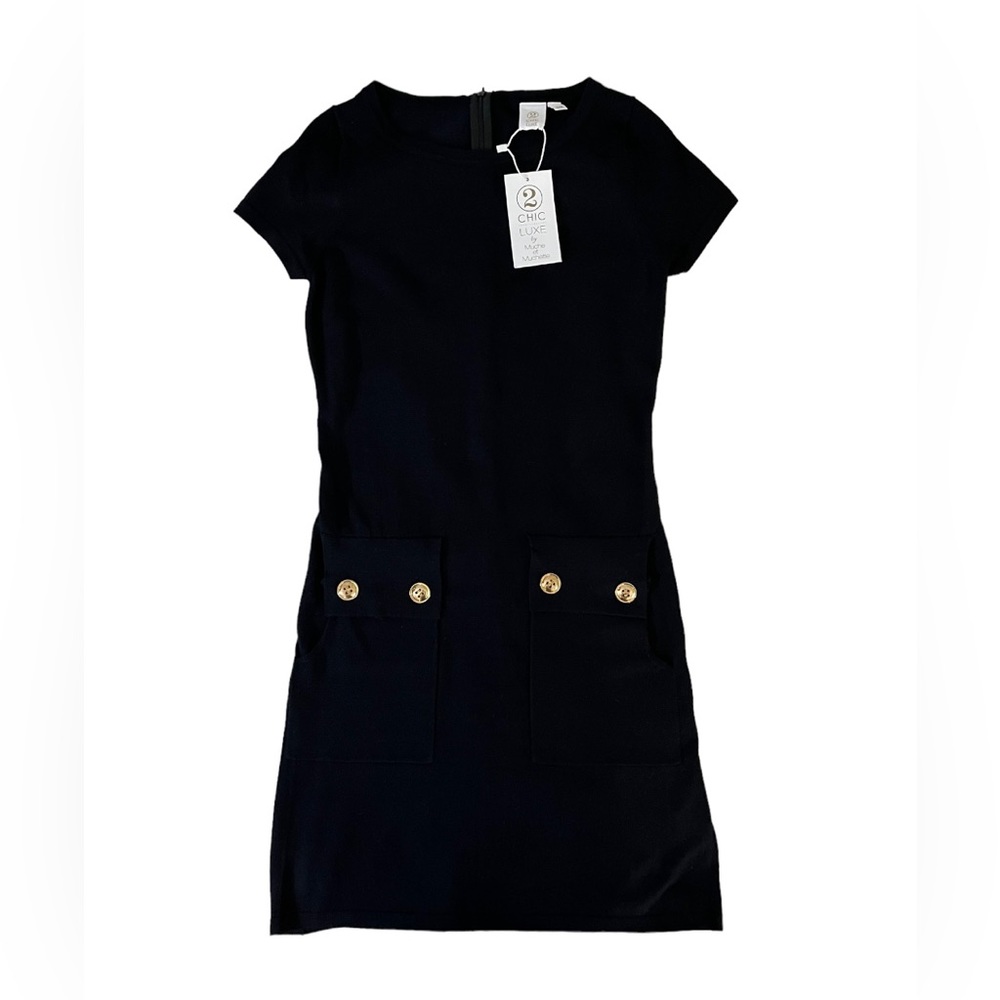 Muche et Muchette Black Short Sleeve Knit Dress Medium, Gold Button Pocket NWT